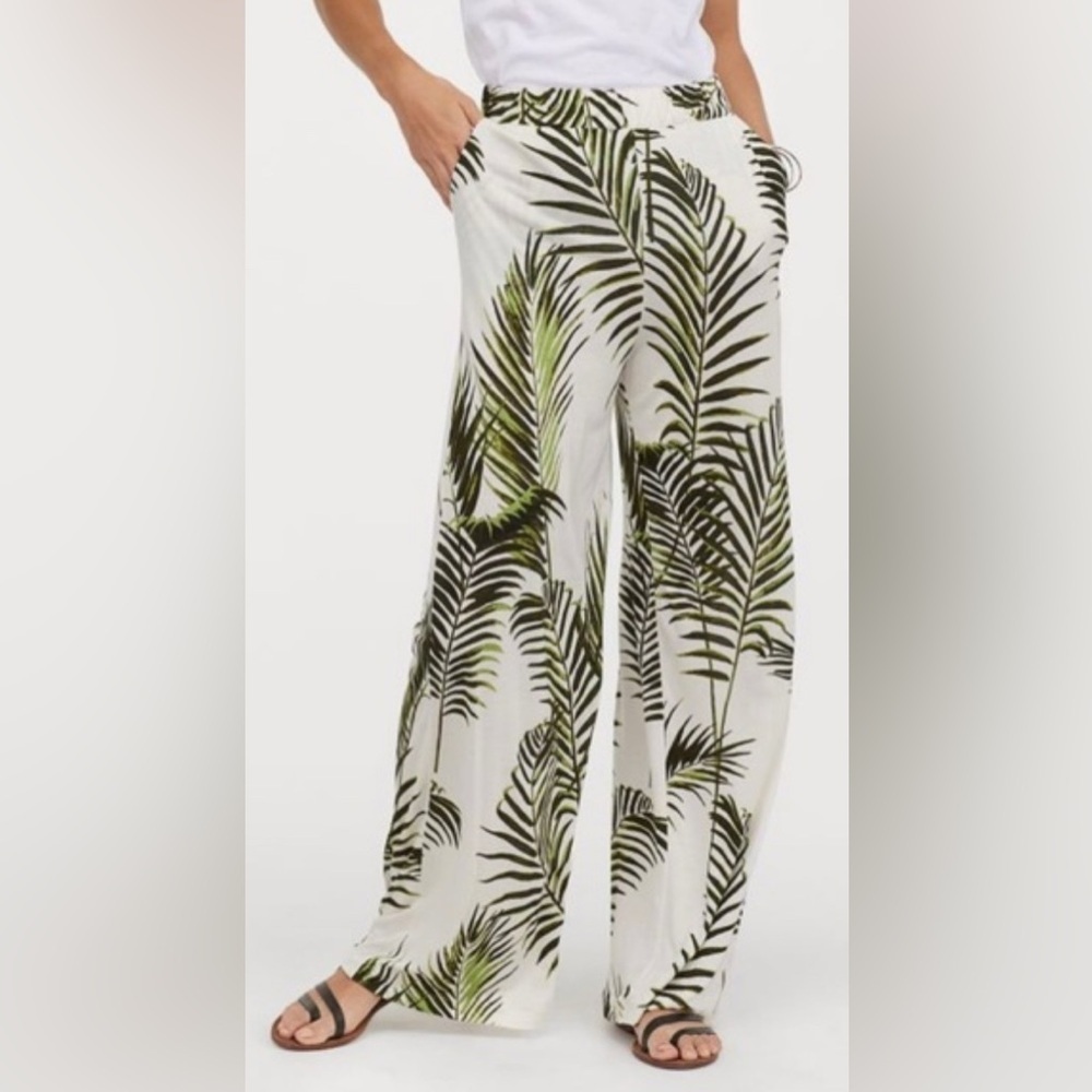 H&M Cream and Green Botanical Casual Pants